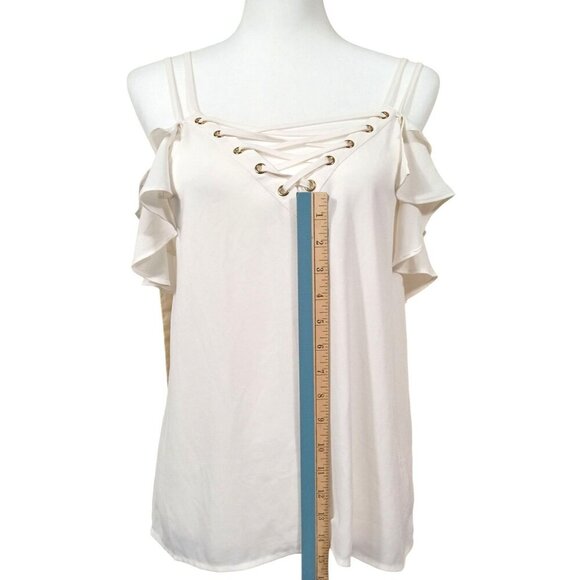 Express Womens White Spaghetti Strap Lace Up Cold Shoulder Cami Ruffle Sleeve La - Picture 8 of 9